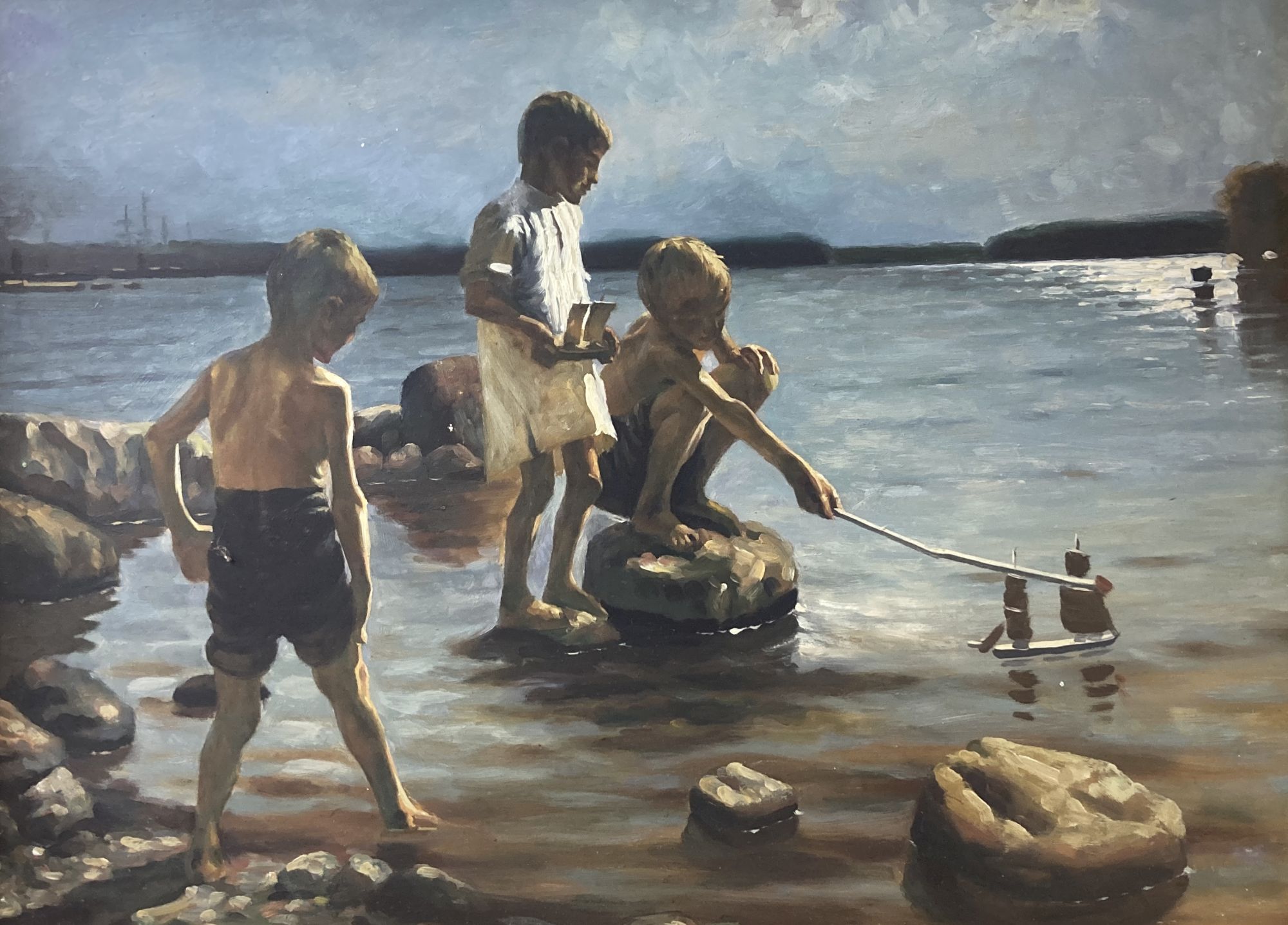 Italian School, oil on board, Boys with a model boat under moonlight, 29 x 39cm